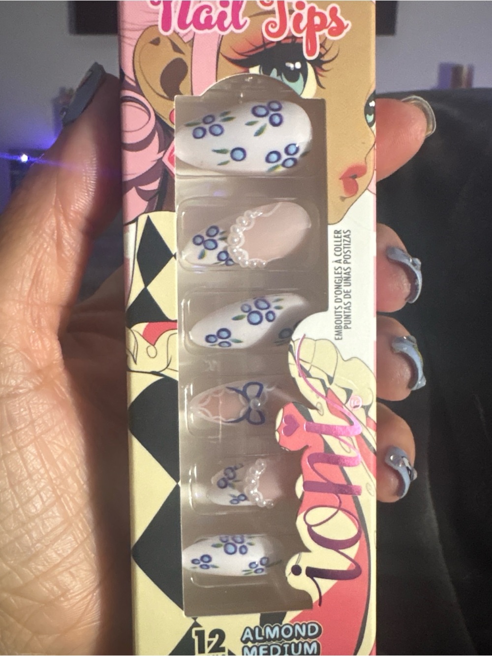 Almond Medium Blue Floral Press-On Nail Tips - 12 Pack
